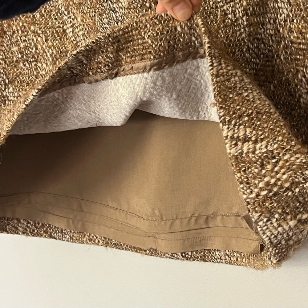 Classic Wool Tweed Mini Skirt Leather Trim 6 Gold Tan Brown Career Office Chic - Picture 4 of 14